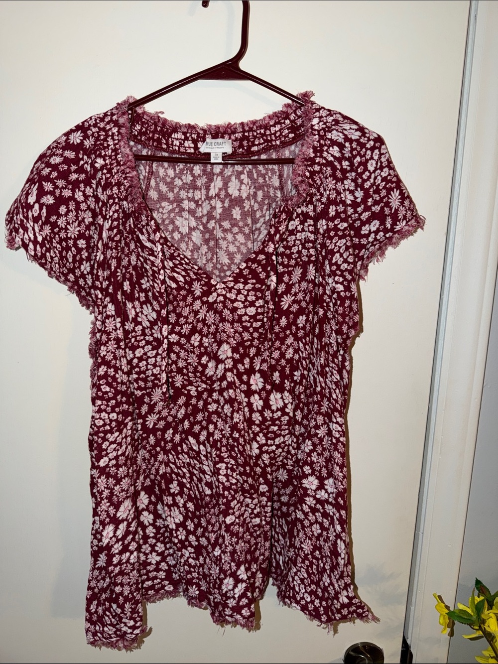True Craft Burgundy Floral Smocked V-Neck Blouse